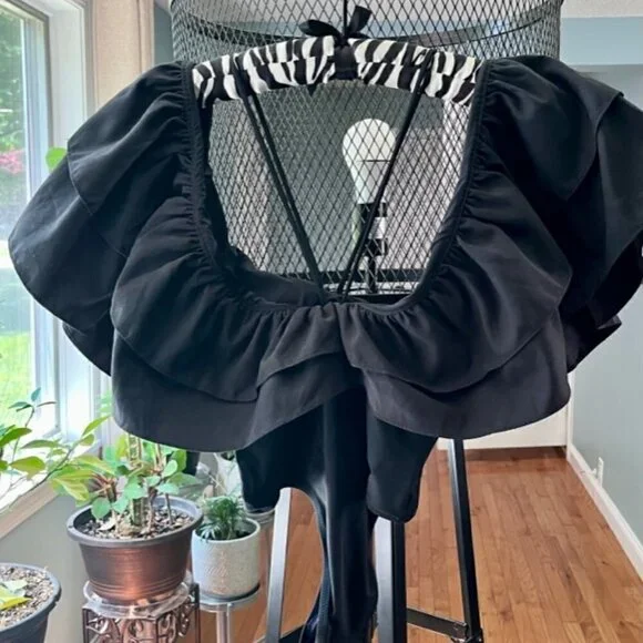 ZARA Fashion Maxi Ruffle V Neck Black Swimsuit Size S Bloggers Fave Holiday NWT - Picture 3 of 12